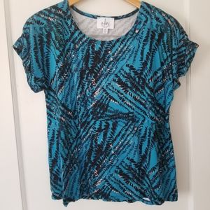 A-line Women's Petite Teal Patterned Short Sleeve Cuff T-Shirt Size MP